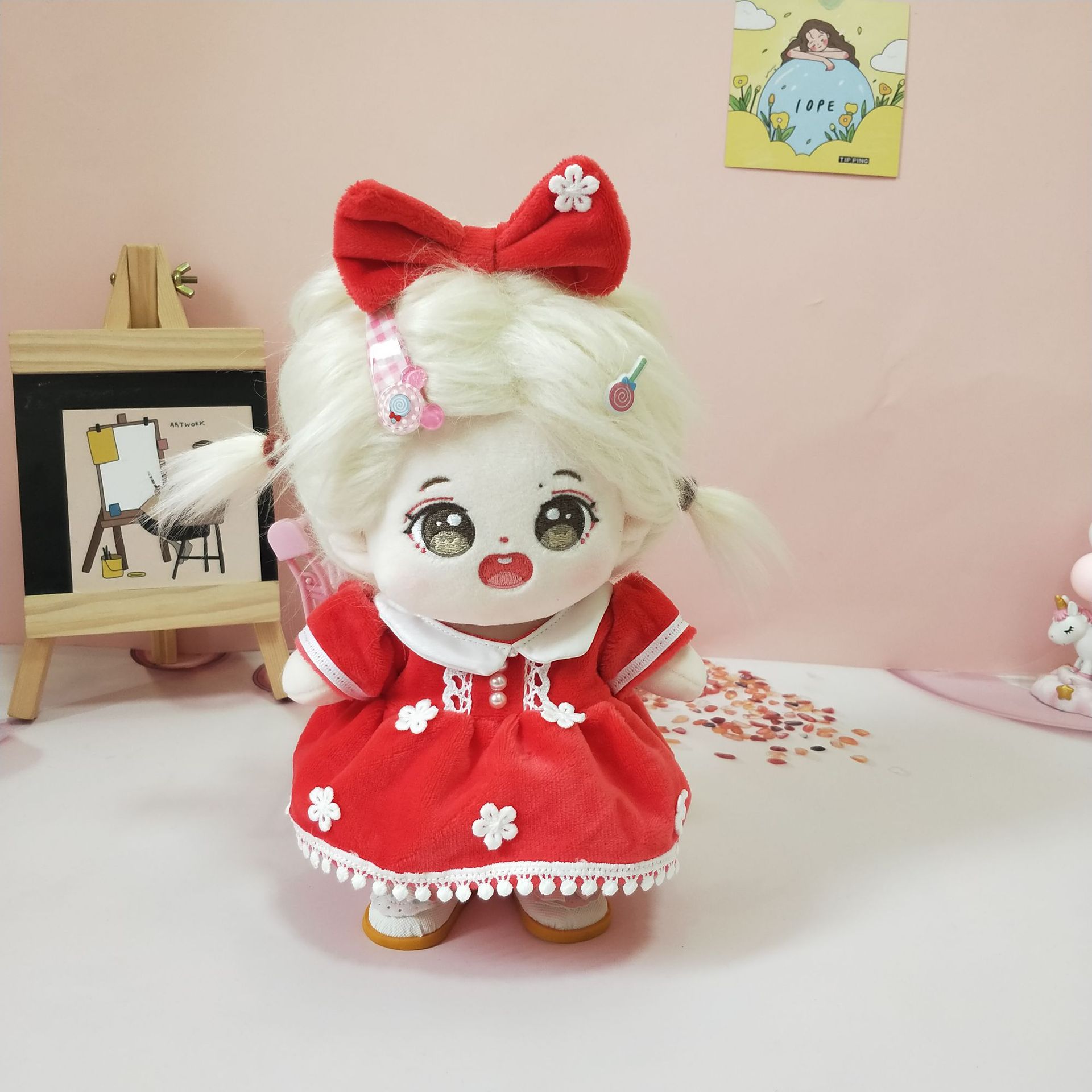 【20cm】ぬいぐるみ服　赤色チェック＆花柄ワンピース