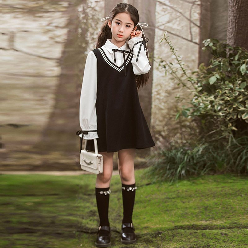 キッズドレス リボン付き優雅な制服風ワンピース