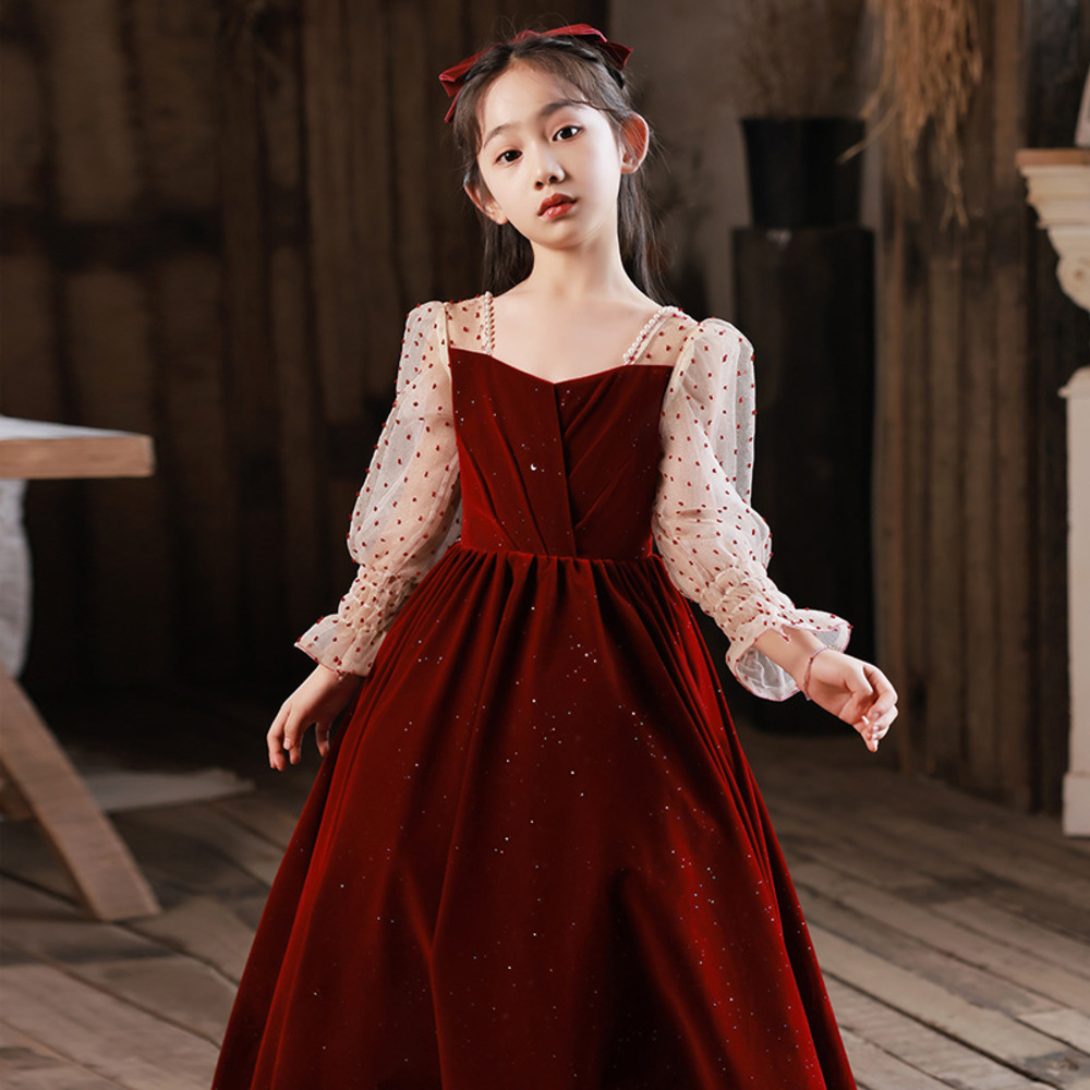 ピアノ発表会 結婚式用 子どもドレス ベルベッドレッドドッドスリーブ