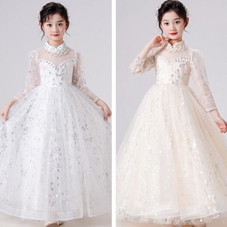 ピアノ発表会ドレス 結婚式 キッズドレス 白色お姫様風長袖ワンピース 女の子用