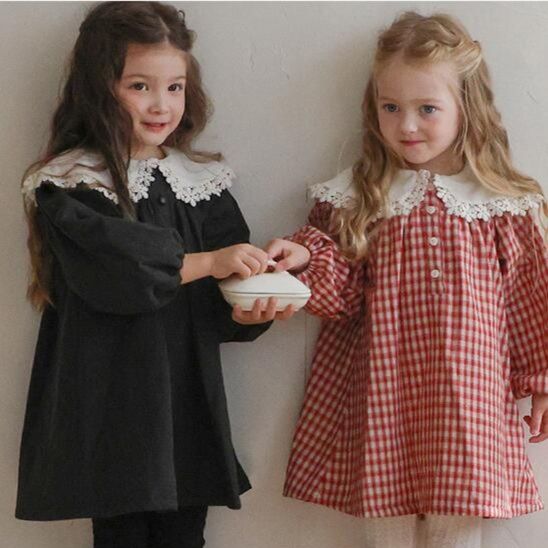 ピアノ発表会ドレス フリル襟付きピアノ発表会用ワンピース 長袖 2色展開 90-150センチ対応