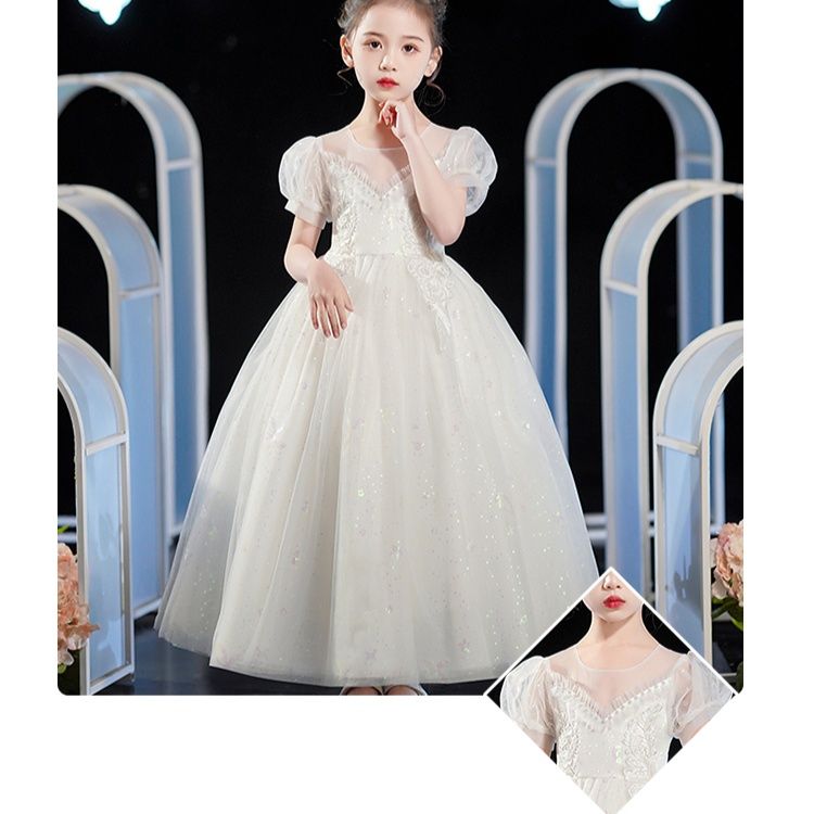 ピアノ発表会ドレス パフスリーブ刺繍入りプリンセスロングドレス