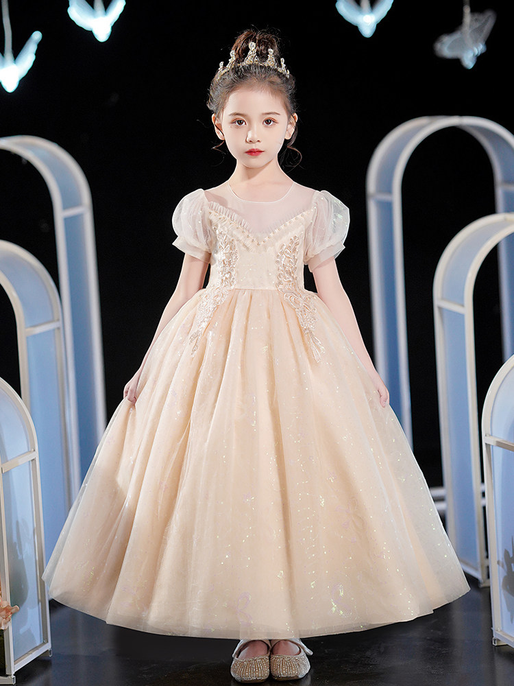 ピアノ発表会ドレス パフスリーブ刺繍入りプリンセスロングドレス