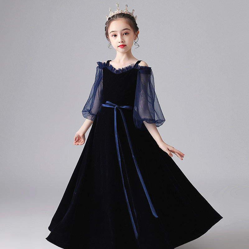 ピアノ発表会ドレス オフショルダーシアー袖ベルベット調ロングドレス