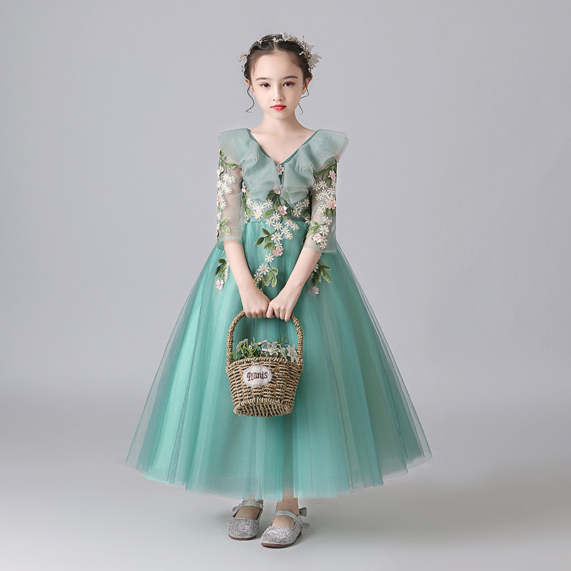 ピアノ発表会ドレス 花刺繍入りチュールロングドレス 七分袖付き