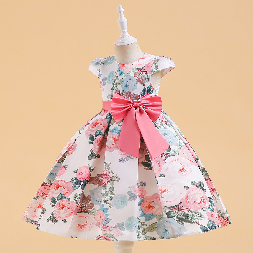 ピアノ発表会ドレス ローズとリボンが可愛い花柄のキッズドレス 結婚式 誕生日 パーティにも対応 子供ドレス 2色展開
