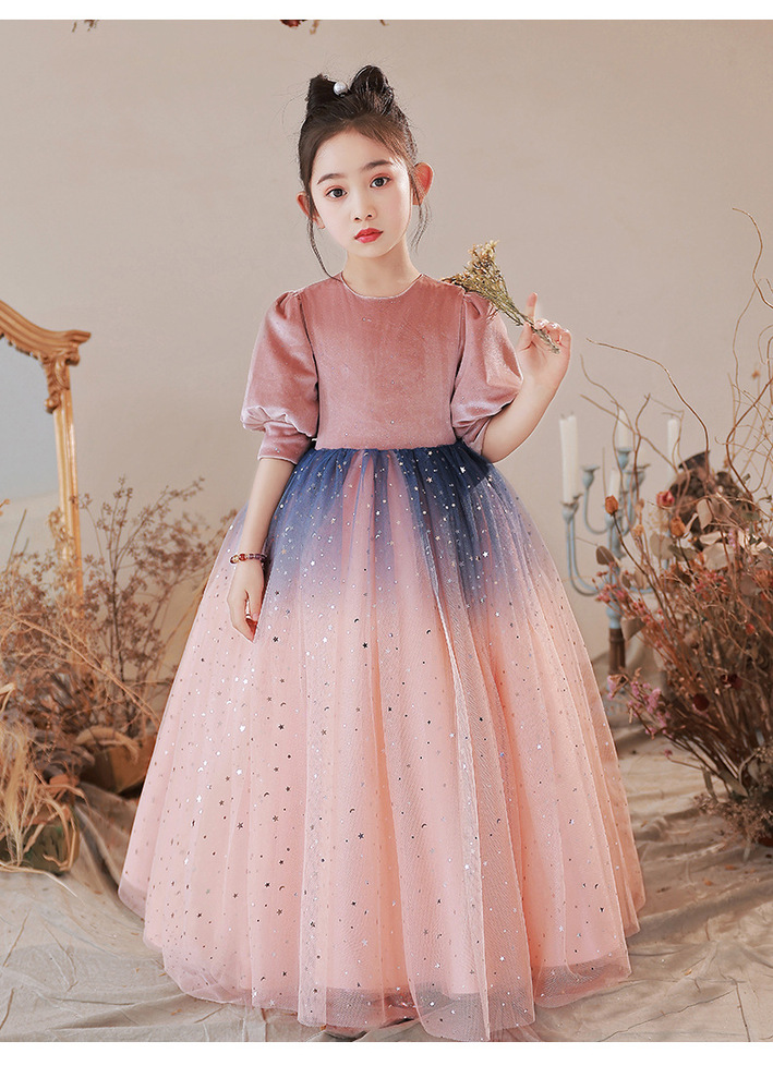 ピアノ発表会 結婚式用 子どもドレス ディズニー ベルベットパフスリーブ　グラデーションドレス