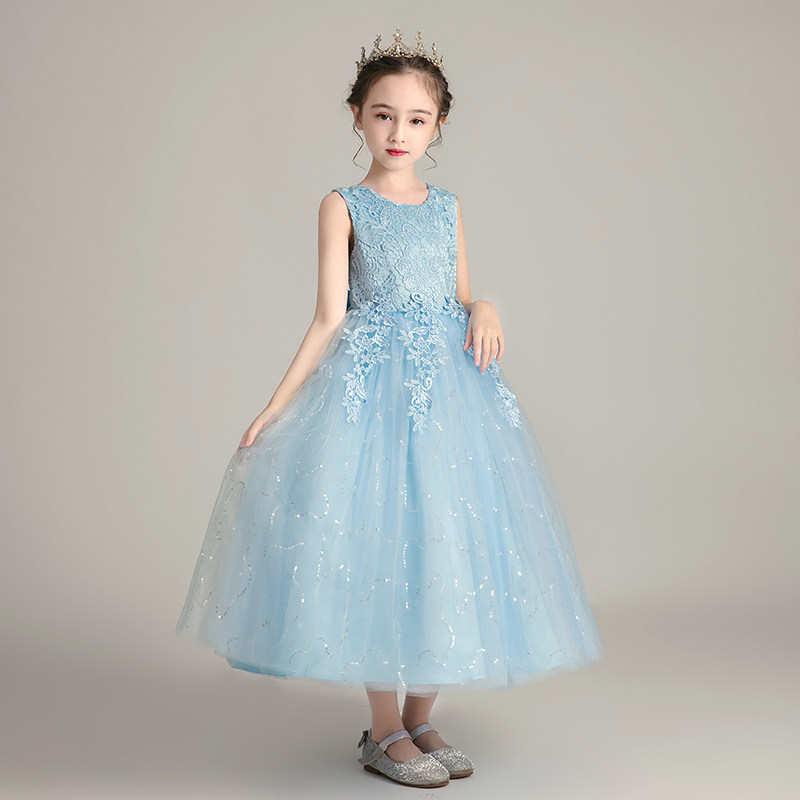 ピアノ発表会ドレス 花柄刺繍レース付き輝くチュール姫様ドレス