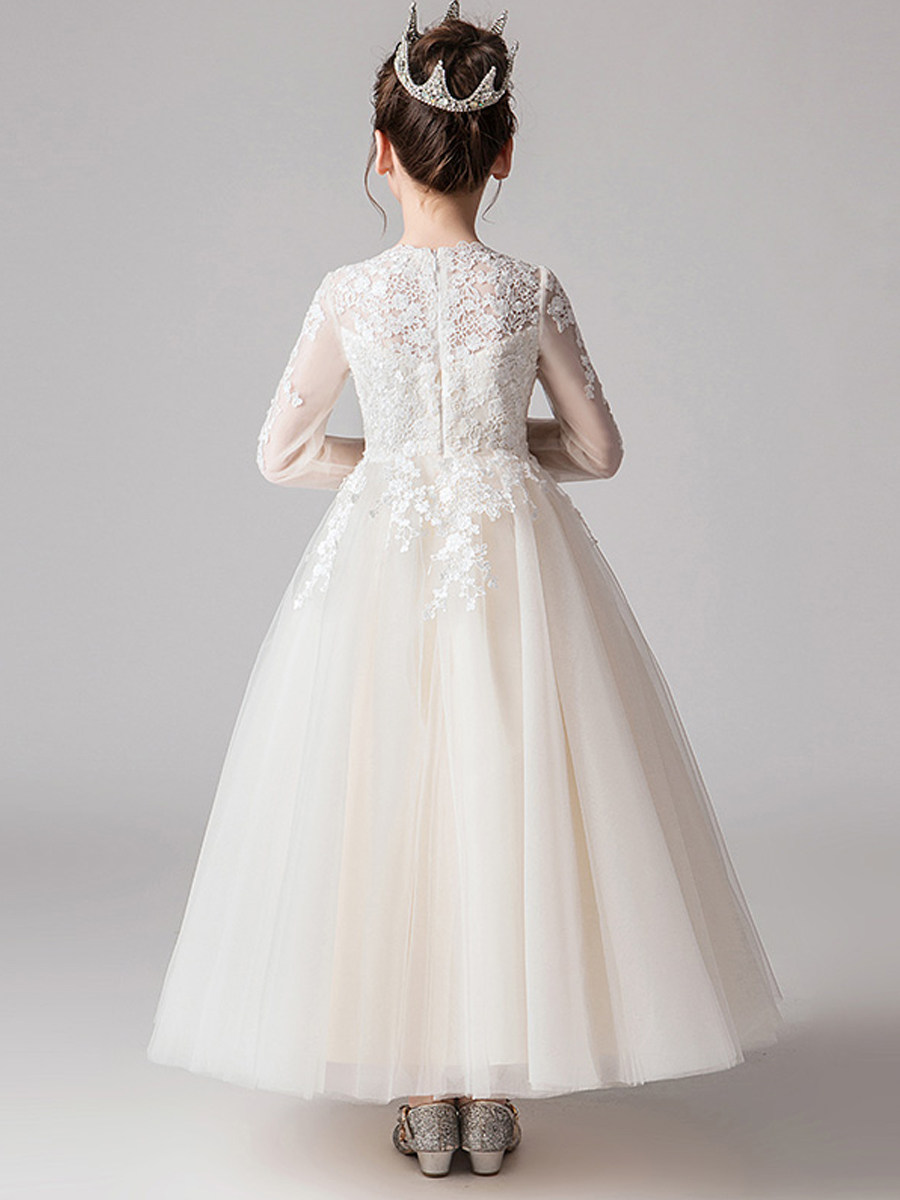 ピアノ発表会ドレス 花刺繍レース長袖チュールロングドレス