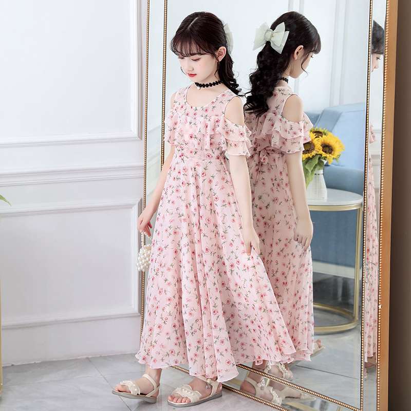 キッズドレス  花柄シフォン フリル袖 マキシワンピース