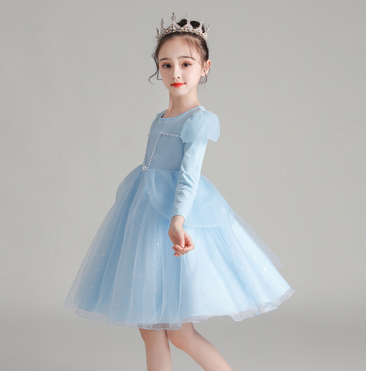 ピアノ発表会用ドレス プリンセス風 キッズドレス 水色チュール長袖ワンピース お姫様みたいな子供ドレス