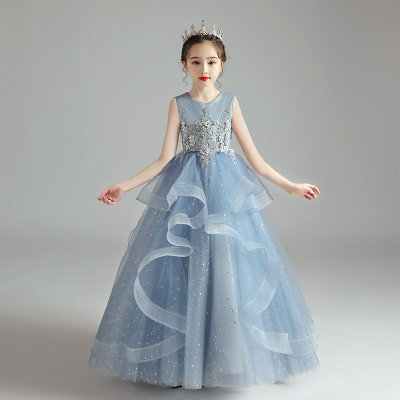 ピアノ発表会ドレス 星空刺繍チュール重ねプリンセスロングドレス