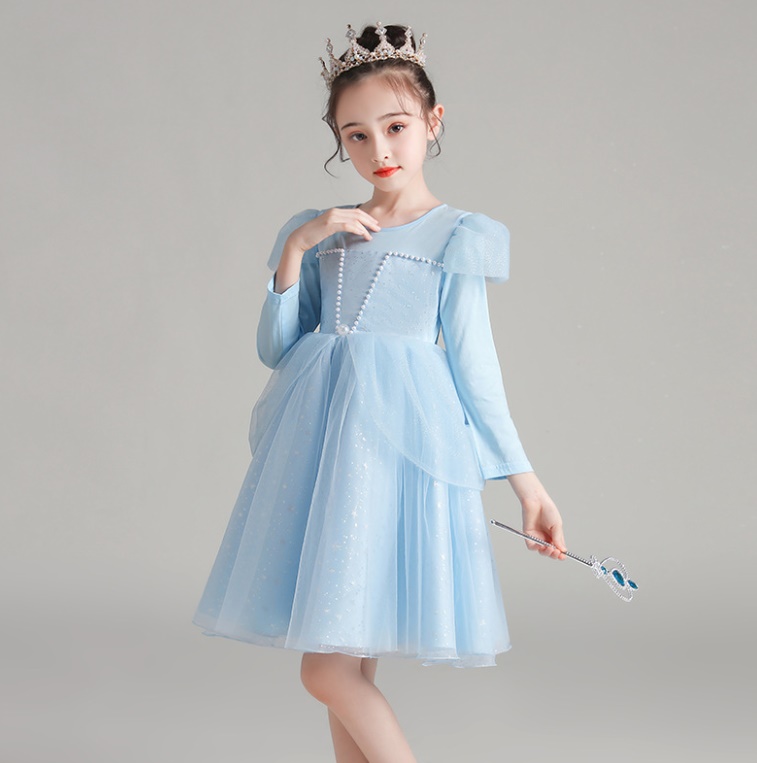 ピアノ発表会用ドレス プリンセス風 キッズドレス 水色チュール長袖ワンピース お姫様みたいな子供ドレス