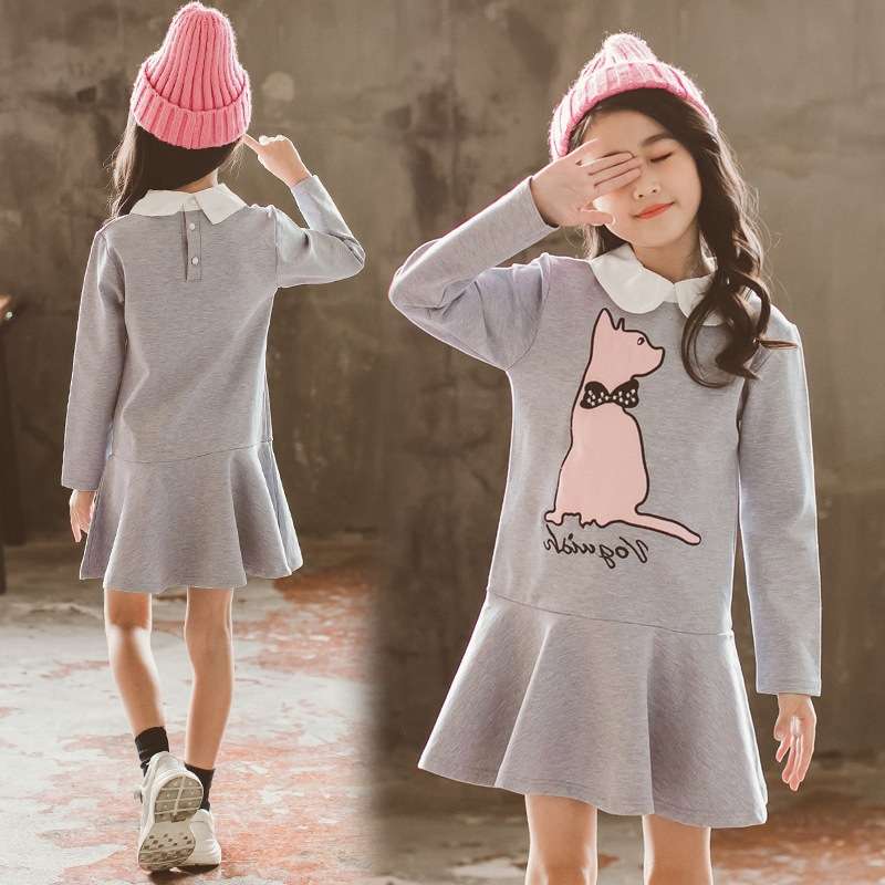 キッズドレス  猫プリント長袖ワンピース 子供用フレアスカート