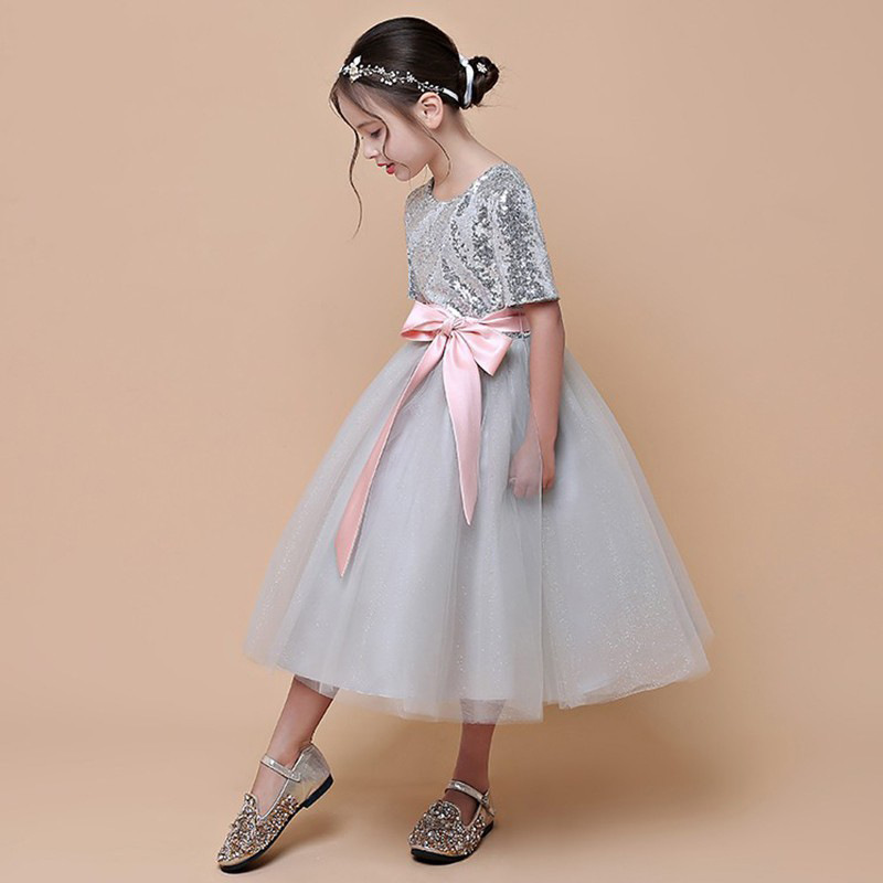ピアノ発表会ドレス スパンコール半袖チュールスカートリボン付きドレス