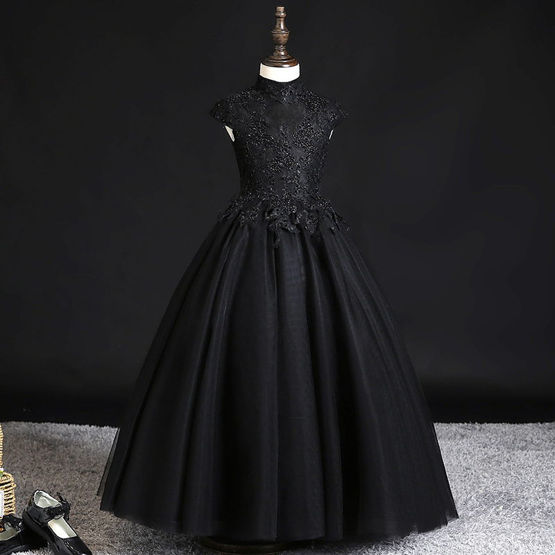ピアノ発表会ドレス 女の子 黒レース刺繍 ハイネック フォーマルドレス