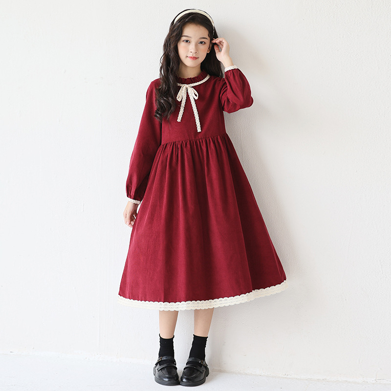 キッズドレス レトロリボン付き長袖レースワンピース