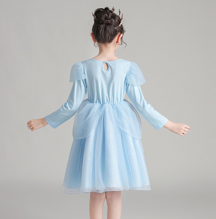 ピアノ発表会用ドレス プリンセス風 キッズドレス 水色チュール長袖ワンピース お姫様みたいな子供ドレス