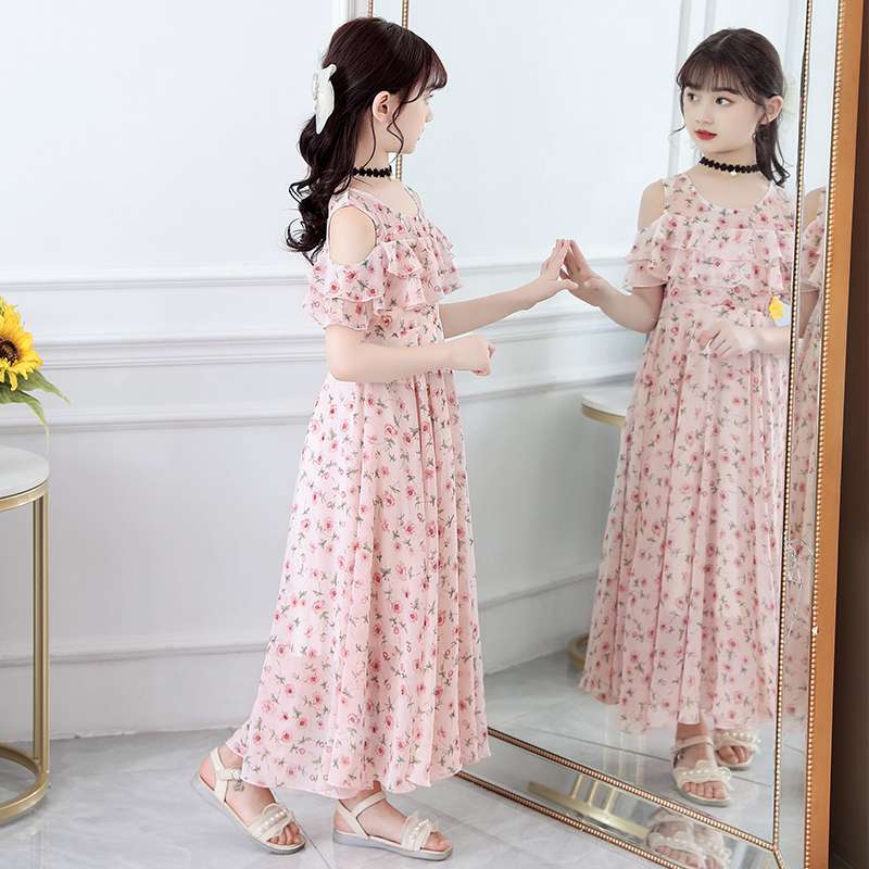キッズドレス  花柄シフォン フリル袖 マキシワンピース