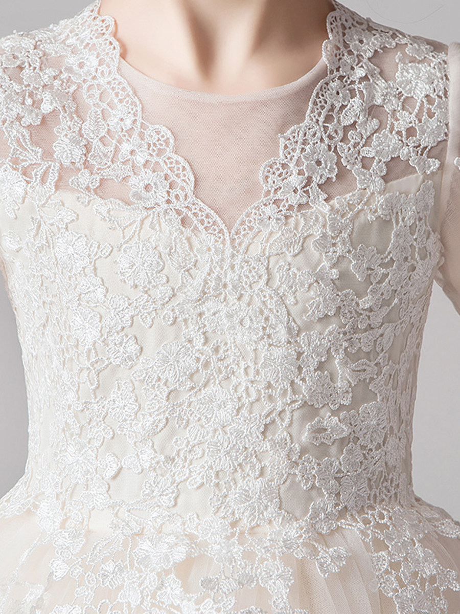 ピアノ発表会ドレス 花刺繍レース長袖チュールロングドレス