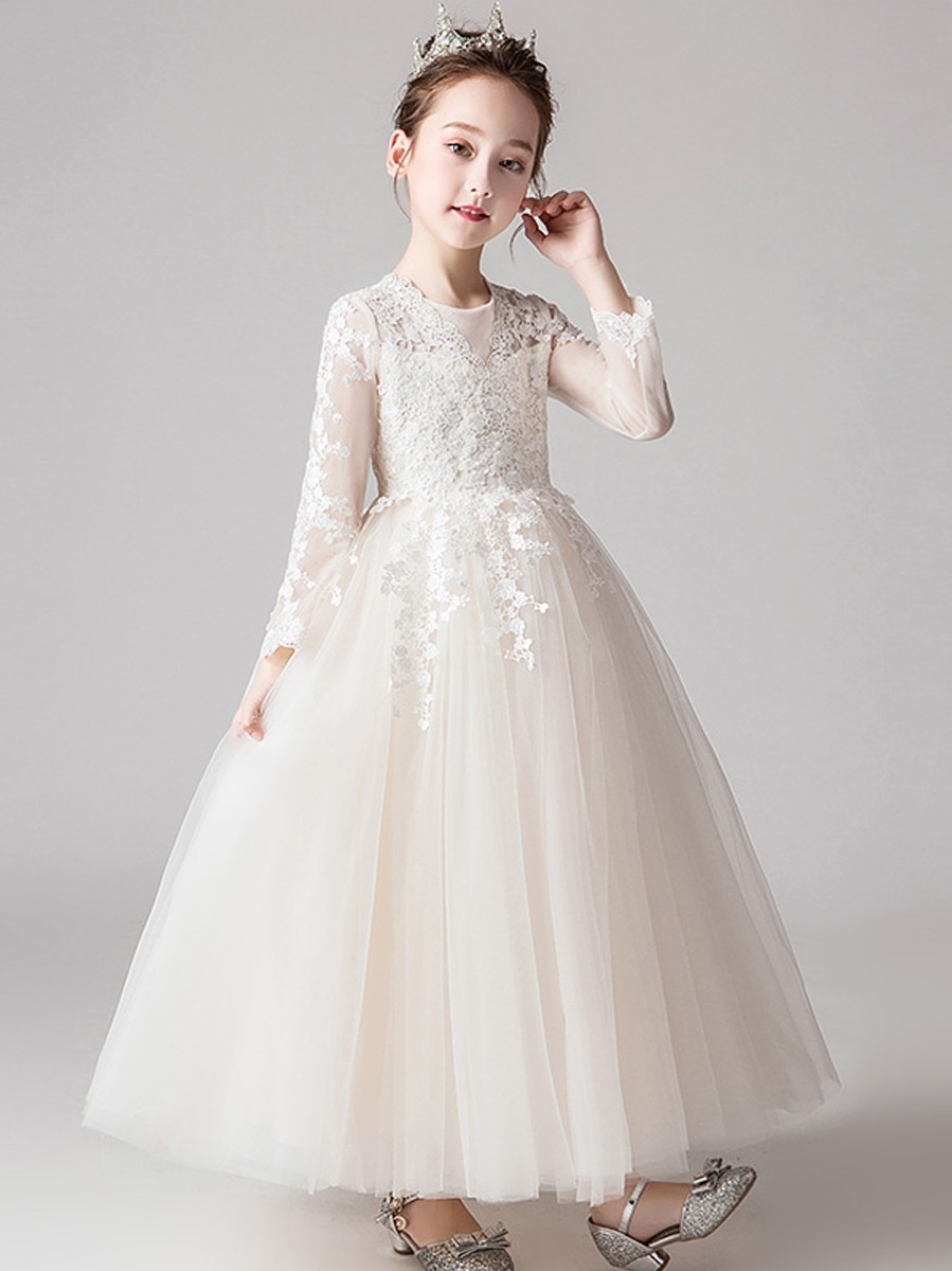 ピアノ発表会ドレス 花刺繍レース長袖チュールロングドレス