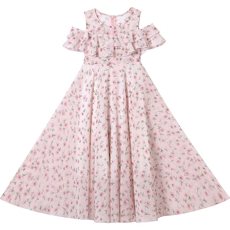 キッズドレス  花柄シフォン フリル袖 マキシワンピース