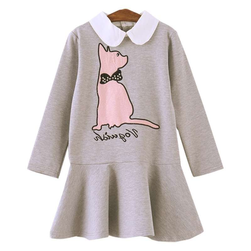 キッズドレス  猫プリント長袖ワンピース 子供用フレアスカート