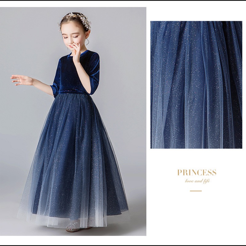 ピアノ発表会ドレス 女の子用星空柄五分袖ロングドレス結婚式発表会