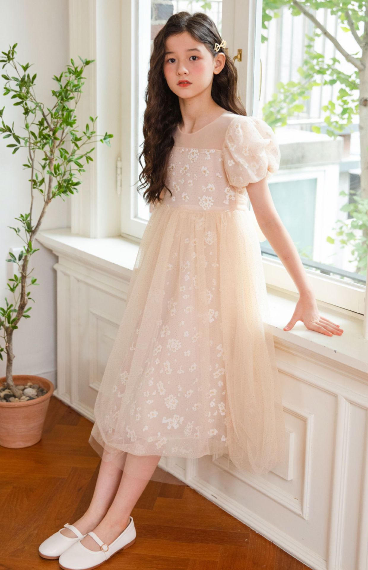 キッズドレス 小花柄チュールレイヤードワンピース