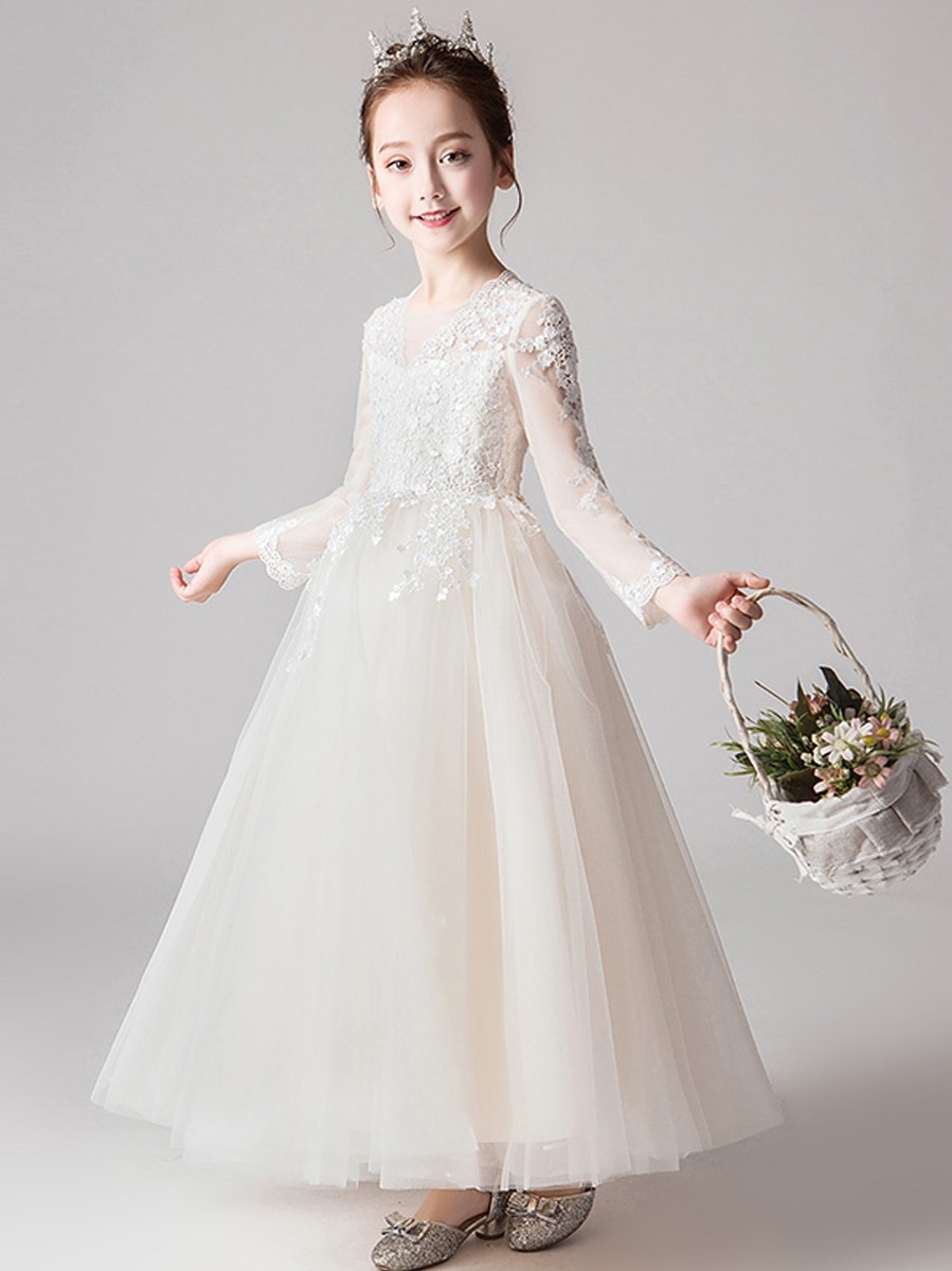 ピアノ発表会ドレス 花刺繍レース長袖チュールロングドレス