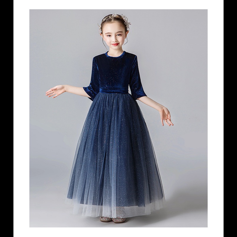 ピアノ発表会ドレス 女の子用星空柄五分袖ロングドレス結婚式発表会