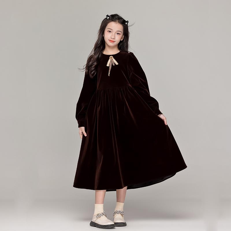 キッズドレス リボン付き長袖ギャザーワンピース