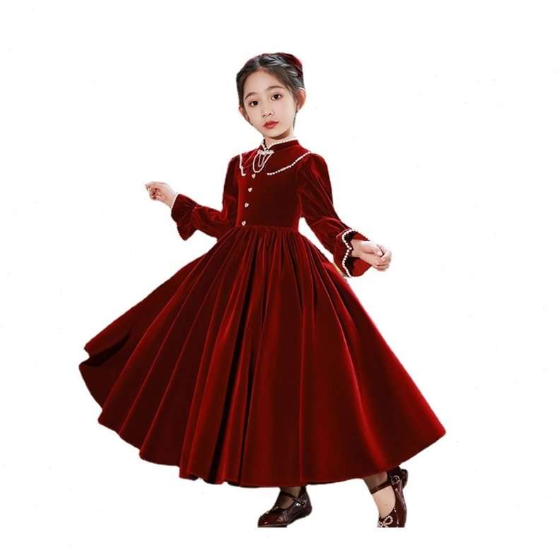 キッズドレス  真珠装飾付きベルベット調子供用貴族風ドレス