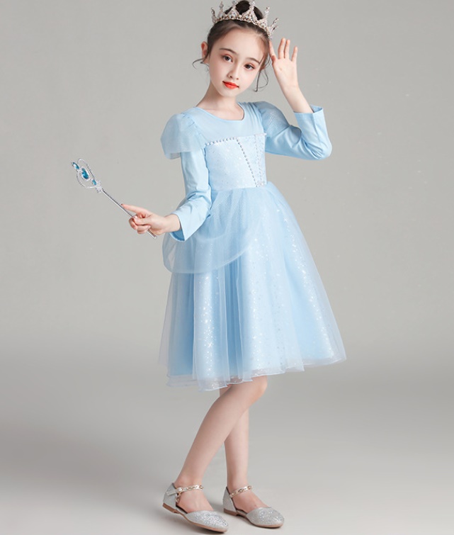 ピアノ発表会用ドレス プリンセス風 キッズドレス 水色チュール長袖ワンピース お姫様みたいな子供ドレス