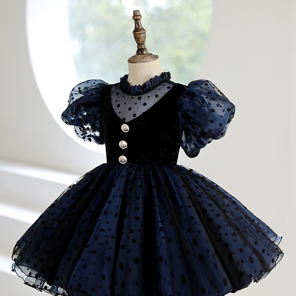 ピアノ発表会 結婚式用 子どもドレス まるボタンドットチュールショートドレス