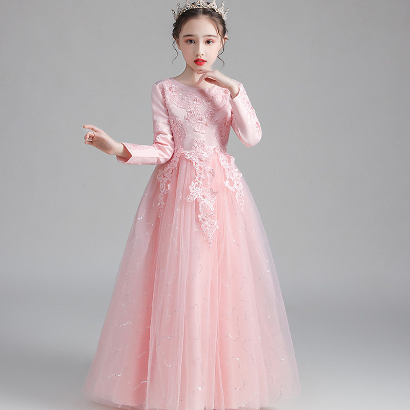 ピアノ発表会ドレス 華やか刺繍入り長袖プリンセスロングドレス