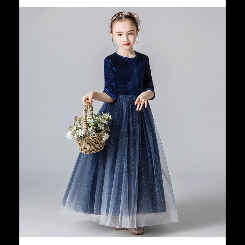 ピアノ発表会ドレス 女の子用星空柄五分袖ロングドレス結婚式発表会