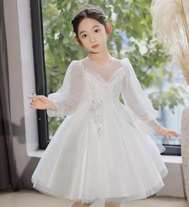ピアノ発表会 結婚式用 子どもドレス プリンセスシースルーロングスリーブドレス