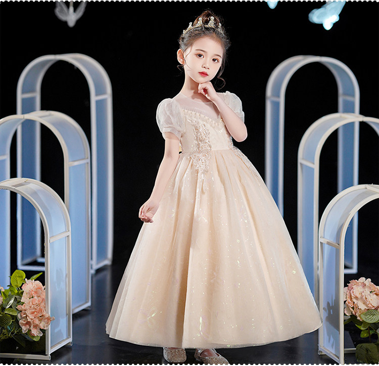 ピアノ発表会ドレス パフスリーブ刺繍入りプリンセスロングドレス