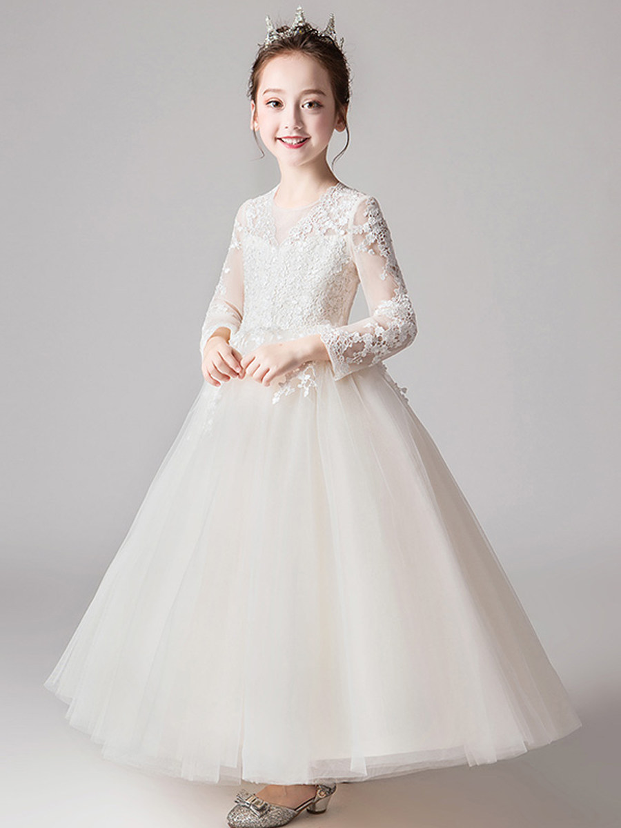 ピアノ発表会ドレス 花刺繍レース長袖チュールロングドレス