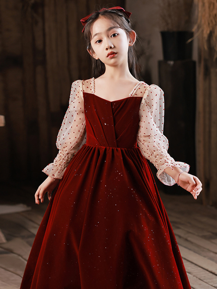 ピアノ発表会 結婚式用 子どもドレス ベルベッドレッドドッドスリーブ