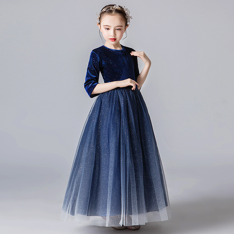 ピアノ発表会ドレス 女の子用星空柄五分袖ロングドレス結婚式発表会