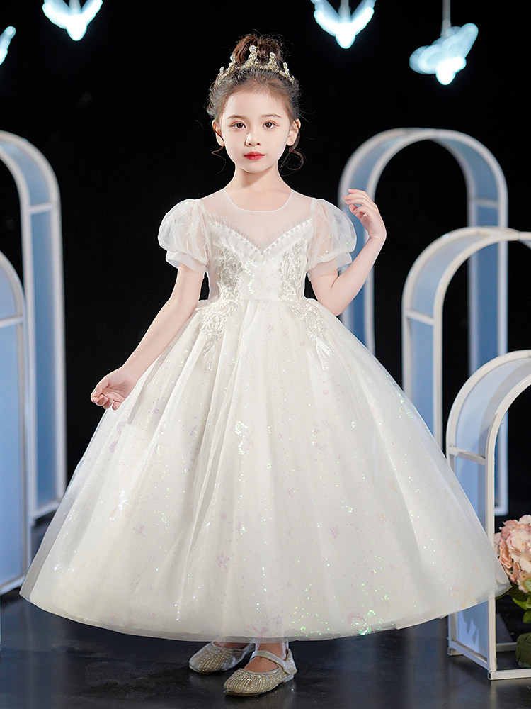 ピアノ発表会ドレス パフスリーブ刺繍入りプリンセスロングドレス