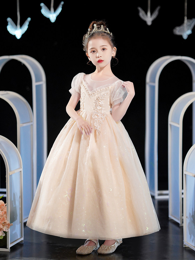 ピアノ発表会ドレス パフスリーブ刺繍入りプリンセスロングドレス