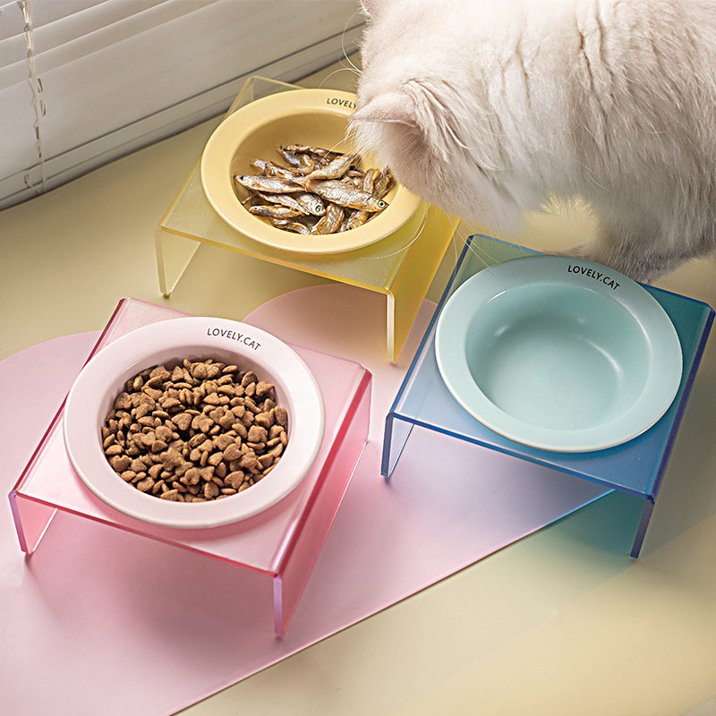 ペット食器 傾斜台付き陶器食器 猫の首に優しい高さ調整食器台