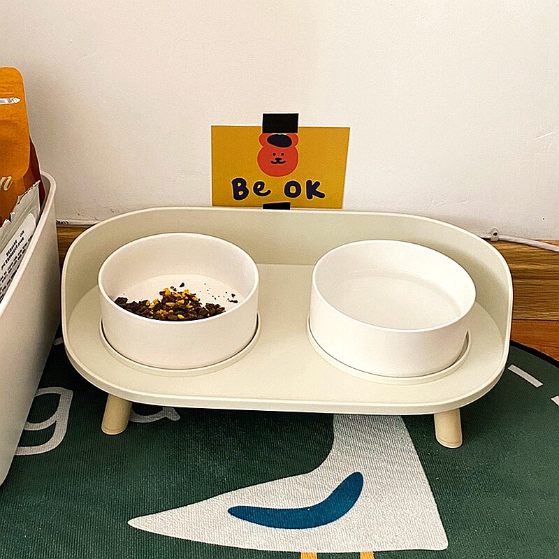 ペット食器 脚付き二連陶器ボウル ペット用食器台セット