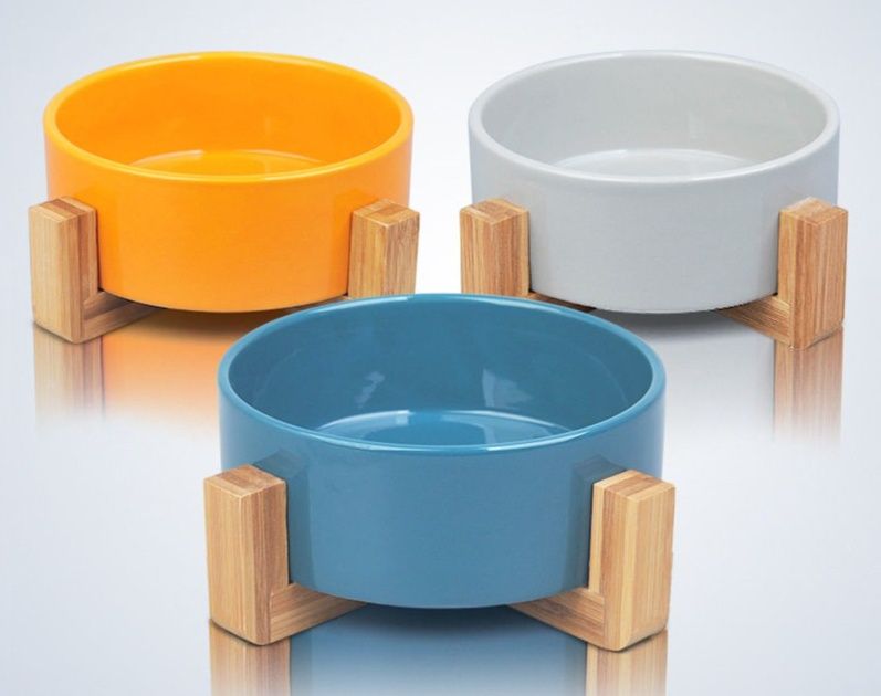 ペット食器 竹製台座付き陶器製ペット食器
