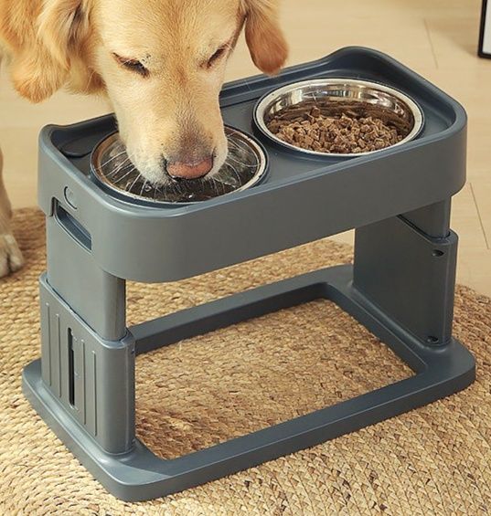 ペット食器 高さ調節可能昇降式二皿付ペット食器台