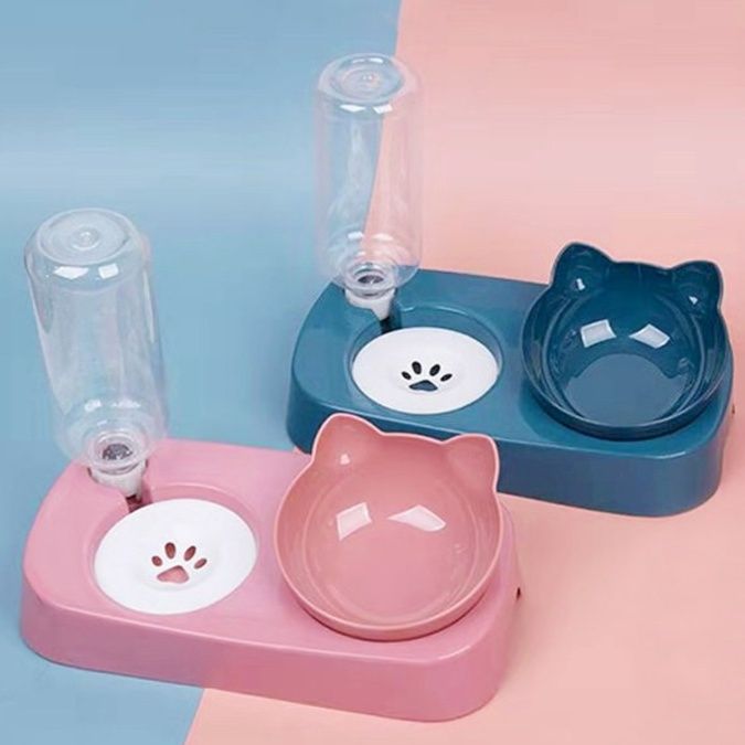 ペット食器 自動給水機付き猫耳型傾斜ダブルボウル食器
