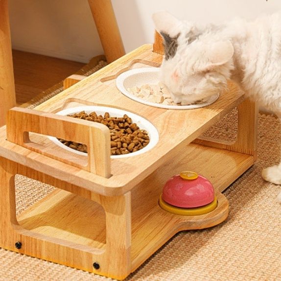 ペット食器 天然木製台座付き陶器ダブルボウルペット食器